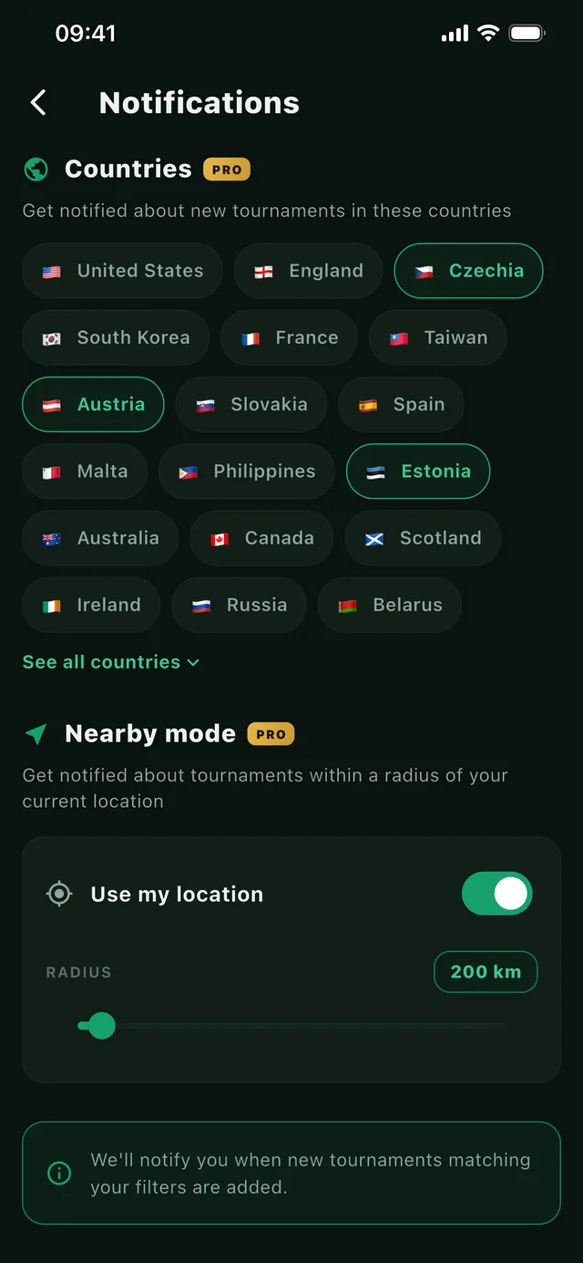 PokerSonar notification settings with country alerts and a location radius