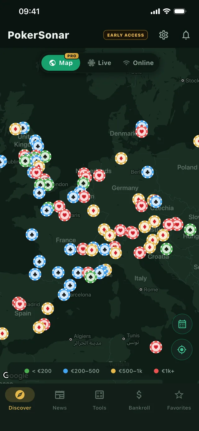 PokerSonar map of Europe with poker rooms shown as chips, color-coded by buy-in